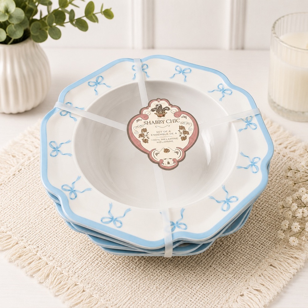 *New* Shabby Chic White Plates With Blue Bows on Rim